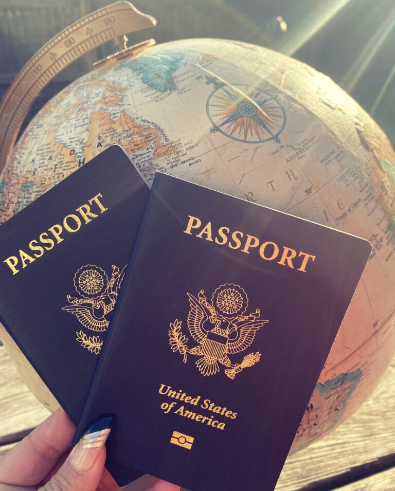 United States passports in front of a globe.