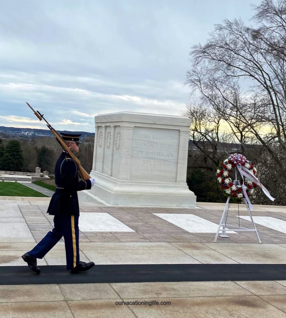 A soldier guards the Tomb of the Unknown Soldier at Arlington National Cemetery 