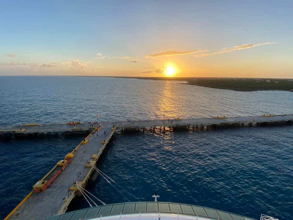 A Caribbean pier at sunset.
