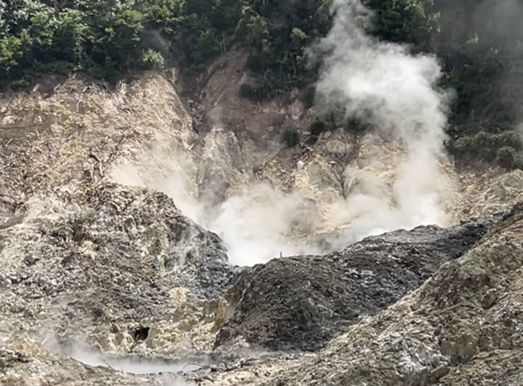 steam billows from the Sulphur Springs in St. Lucia