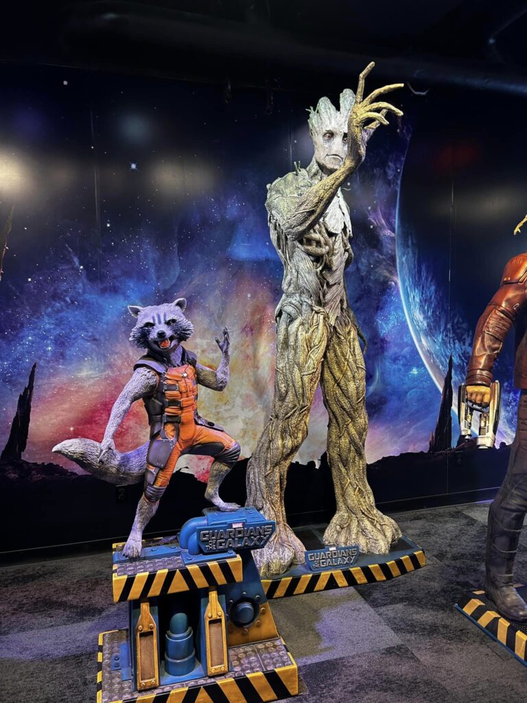 Rocket Raccoon and Groot wax sculptures