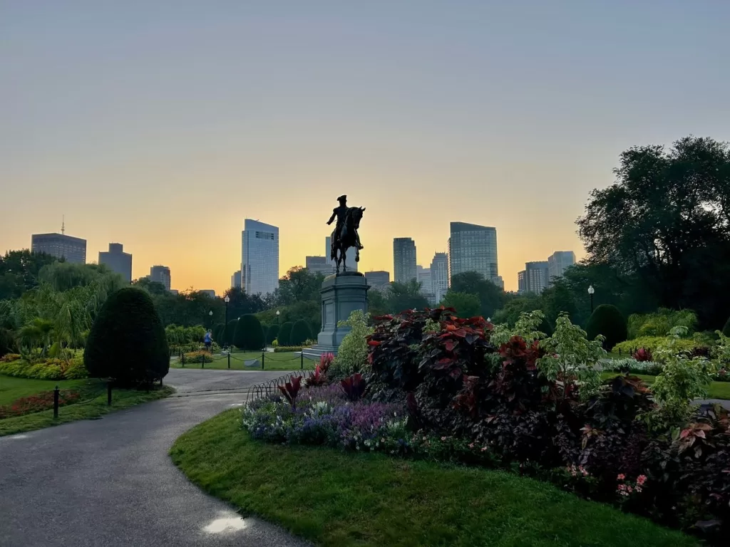 Boston Common statue with Boston skyline in background