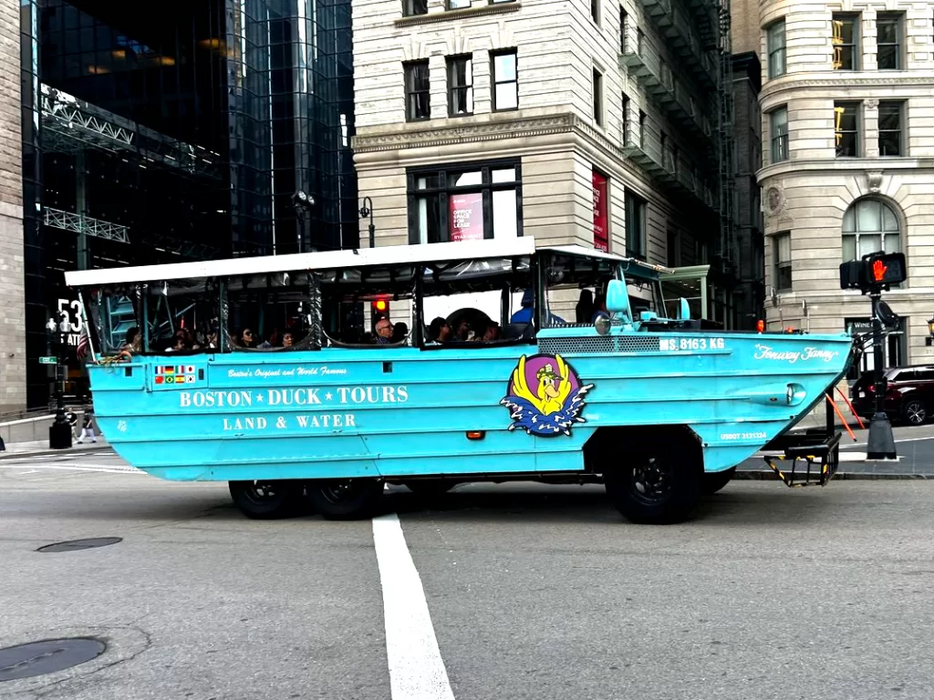 Duck Tours boat on the street in Boston.
