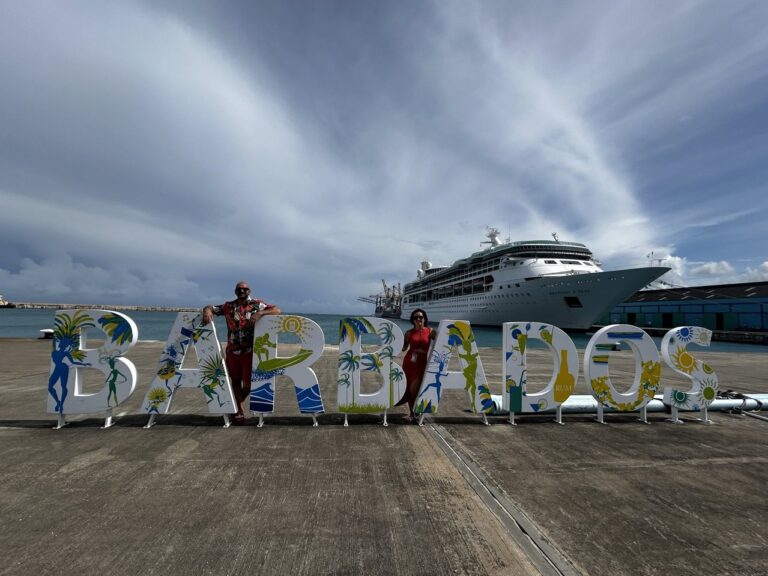 Barbados sign with cruise ship in the background