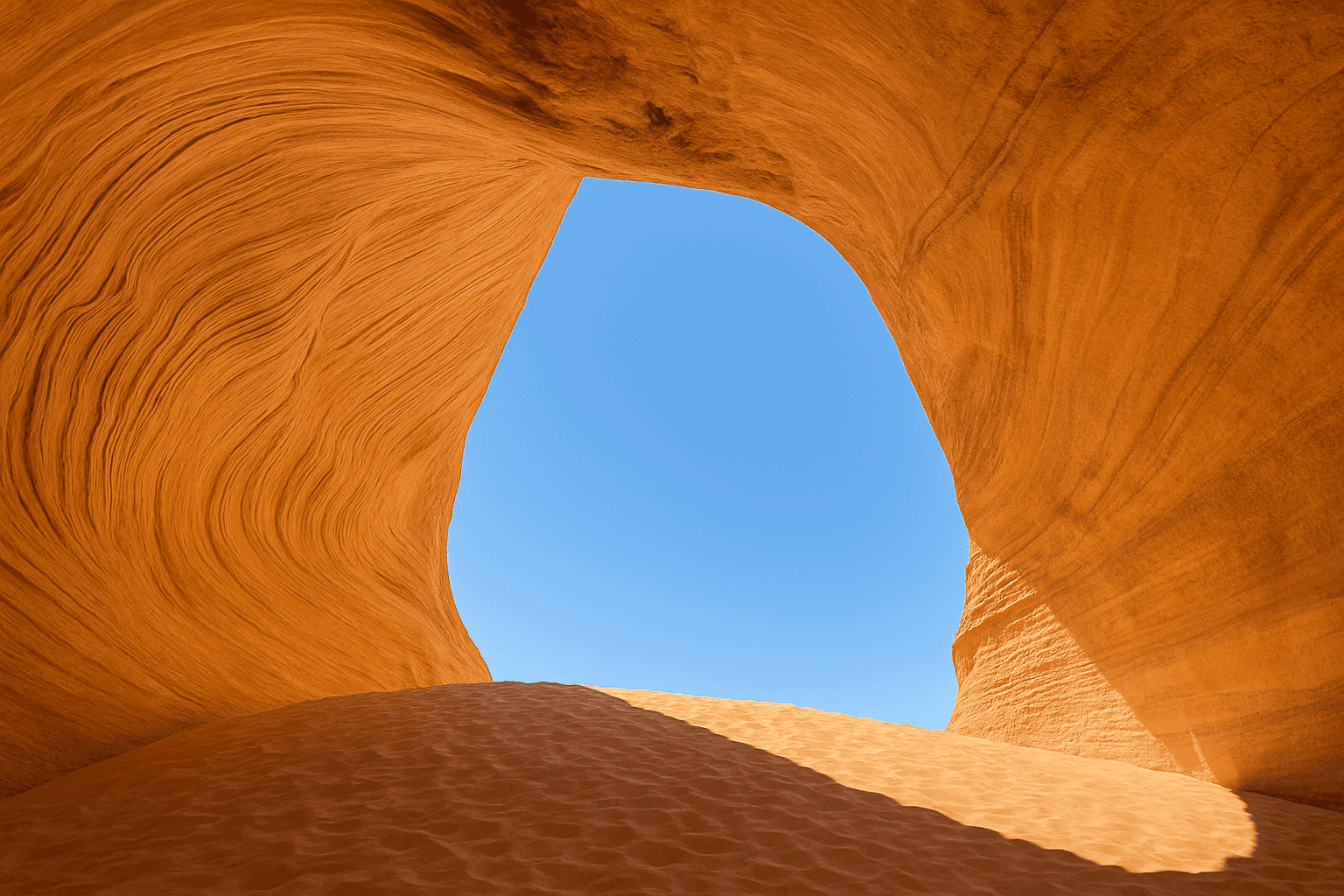 A secret cave in Page, Arizona with tan colored rocks and blue sky seen through the cave opening.
